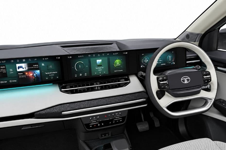 Sierra EV wide infotainment display showing connected apps and vehicle functions