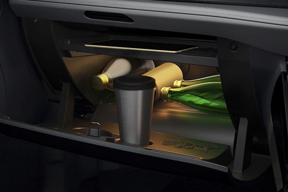 Open glovebox showing illuminated cooled storage compartment