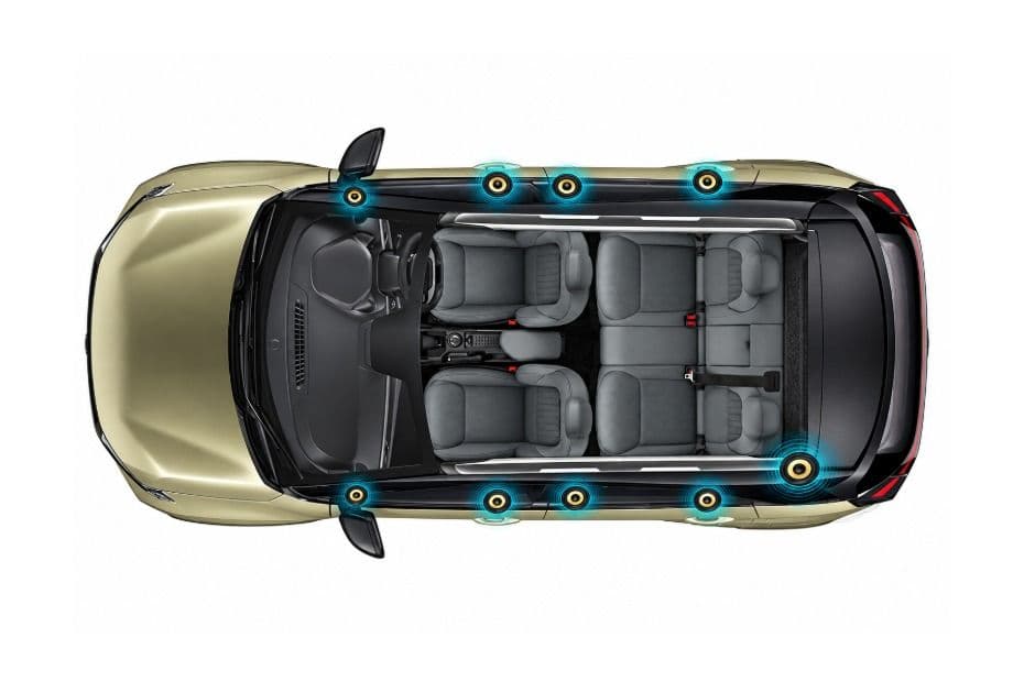 Top view showing the placement of the 9-speaker JBL sound system with four speakers, four tweeters and one subwoofer
