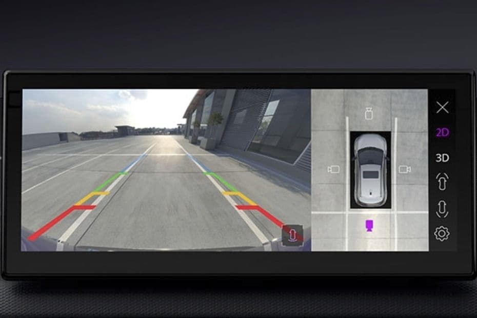 Infotainment screen showing the rear camera view with parking guidelines