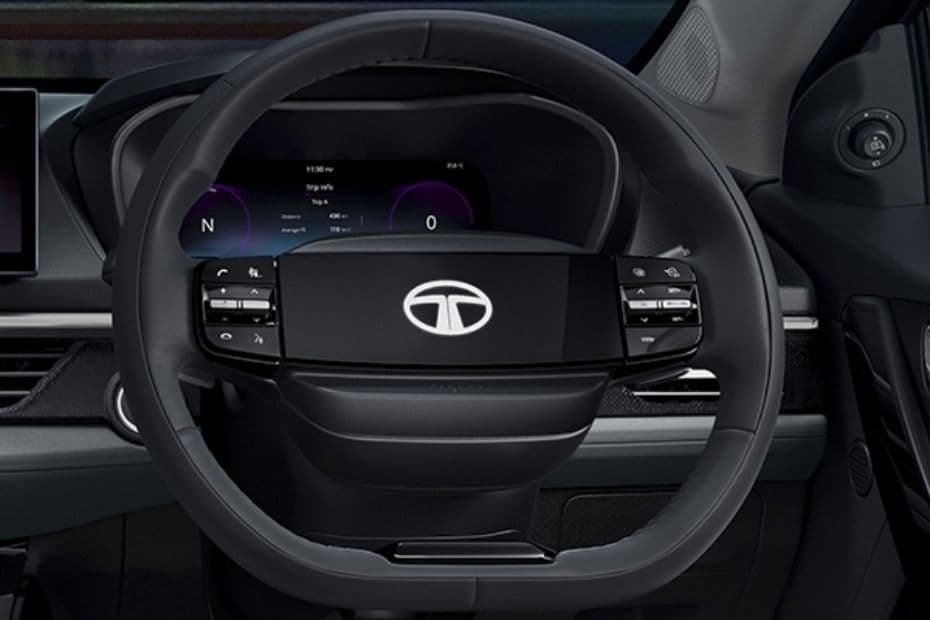Two-spoke steering wheel showing illuminated logo and integrated controls
