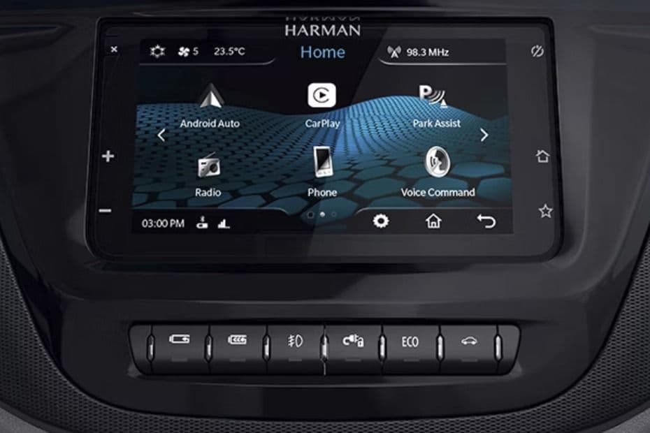 Touchscreen displaying Park Assist, phone and voice command functions
