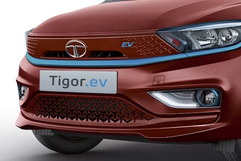 Tigor EV front grille with distinctive pattern and blue accents