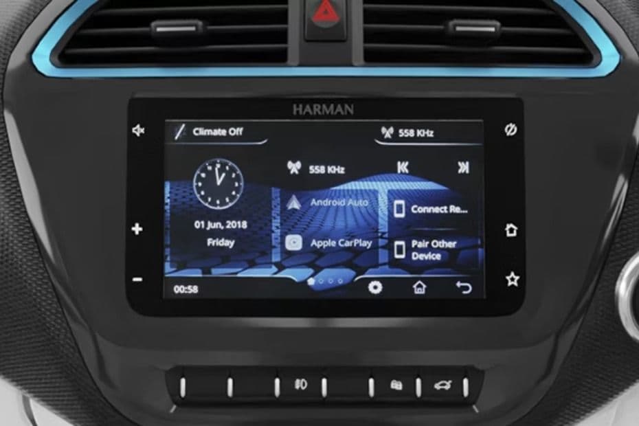 Touchscreen showing Android Auto, Apple CarPlay and device connectivity options